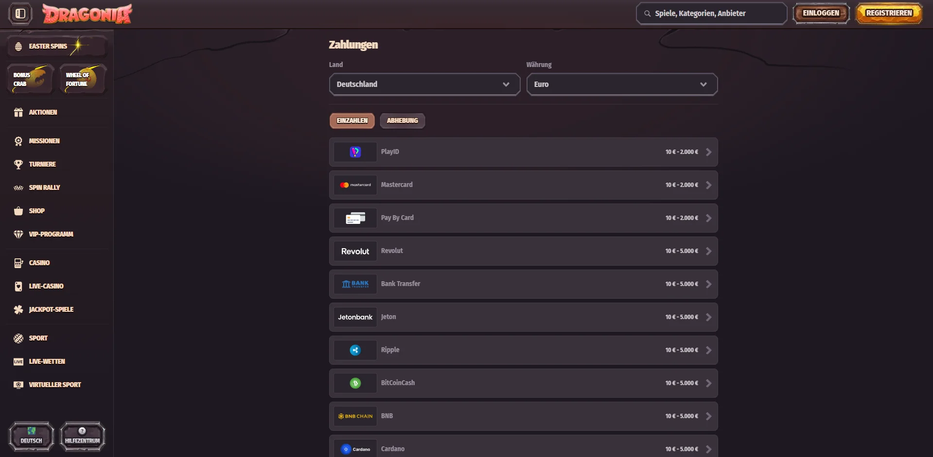 Dragonia Casino Zahlungsoptionen (neu)