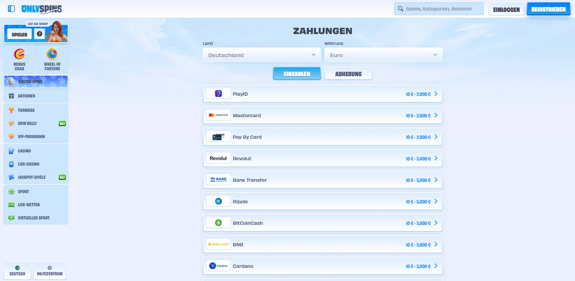 OnlySpins Casino Zahlungsoptionen